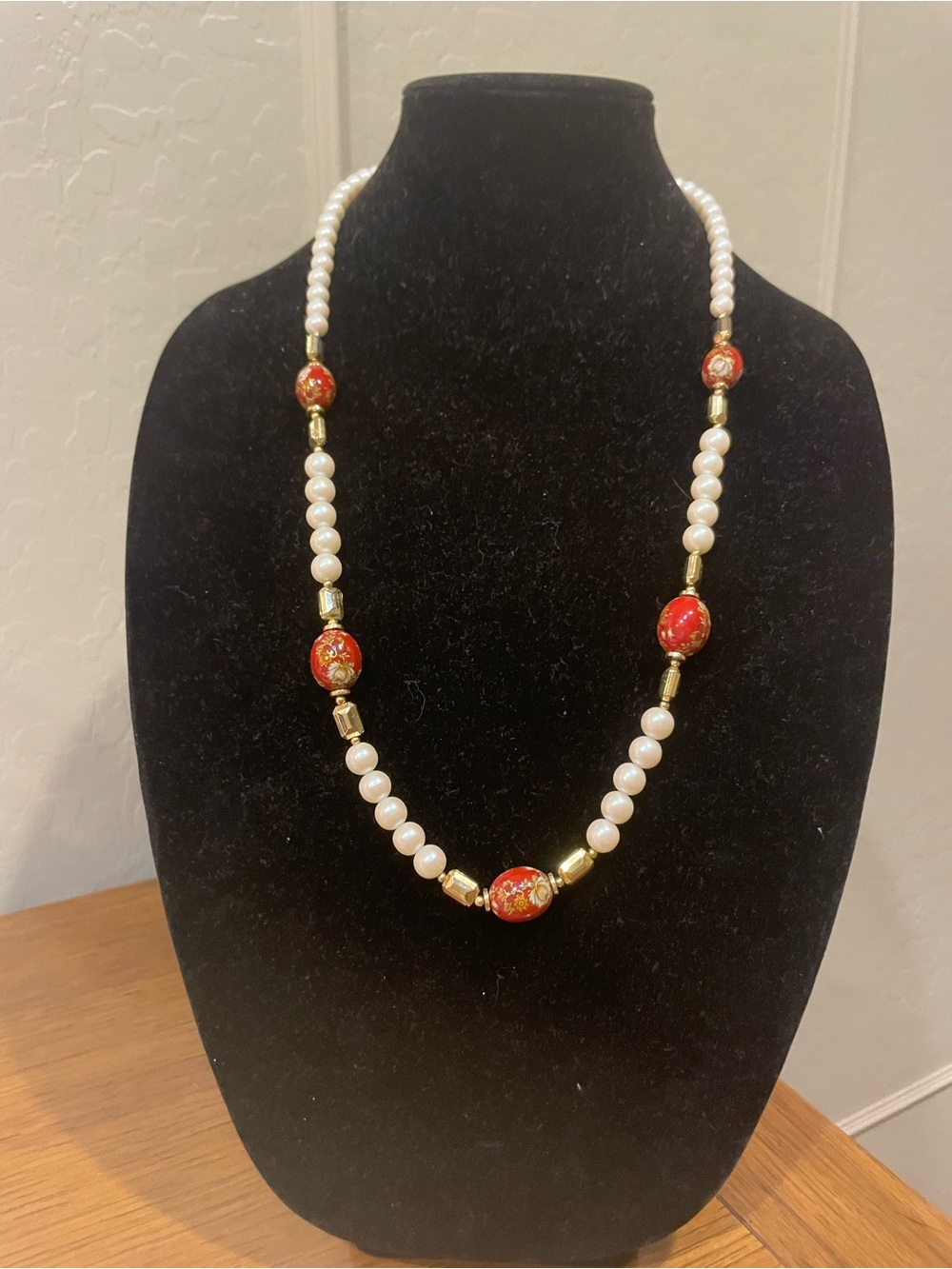 Pearl and Red Cloisonné Bead Necklace - Elegant Women's Jewelry